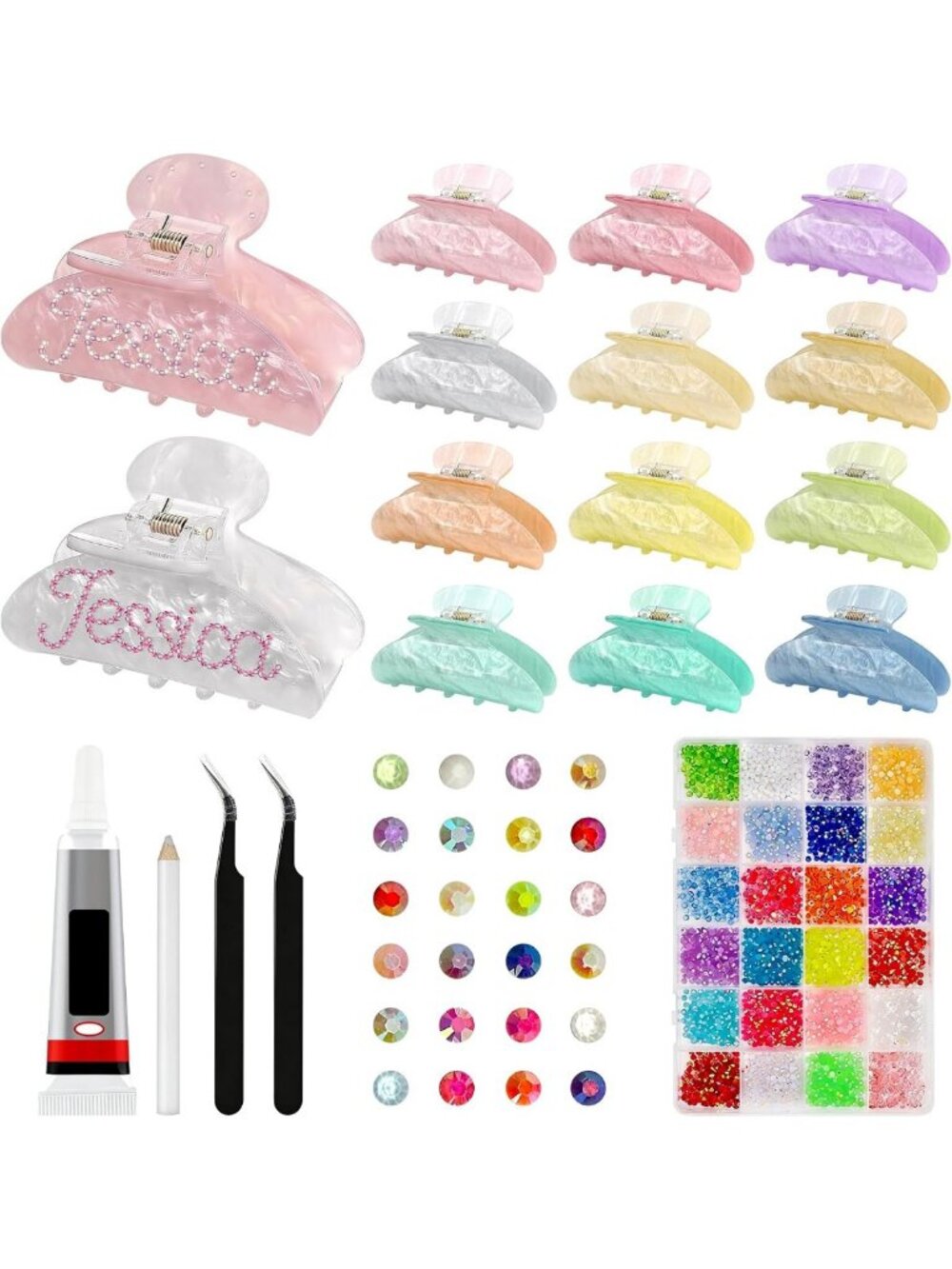 12 Pcs DIY Acrylic Claw Hair Clips Set, Bedazzled Diamond Style Accessories
